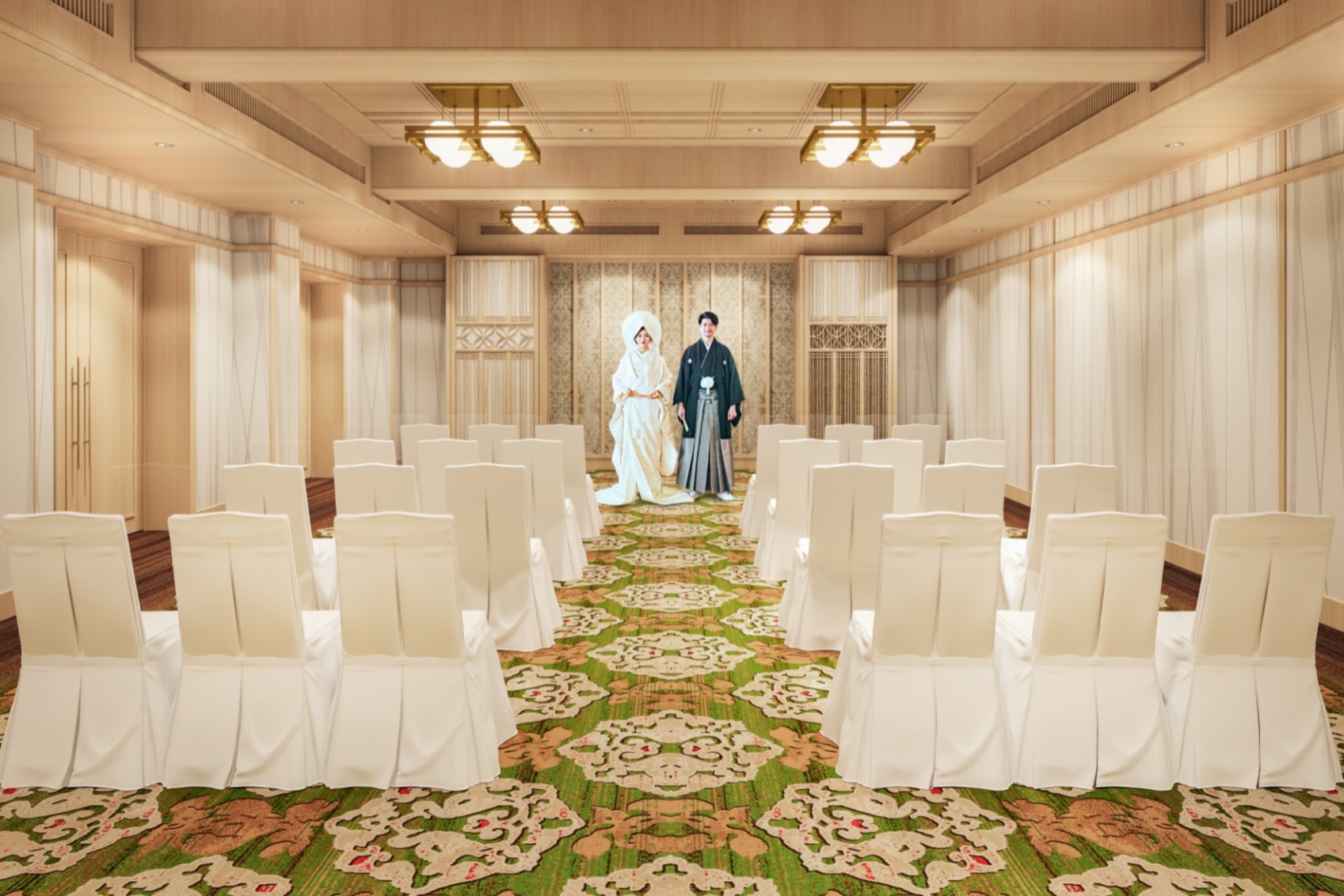 画像　紋付き袴・白無垢の新郎新婦、人前式